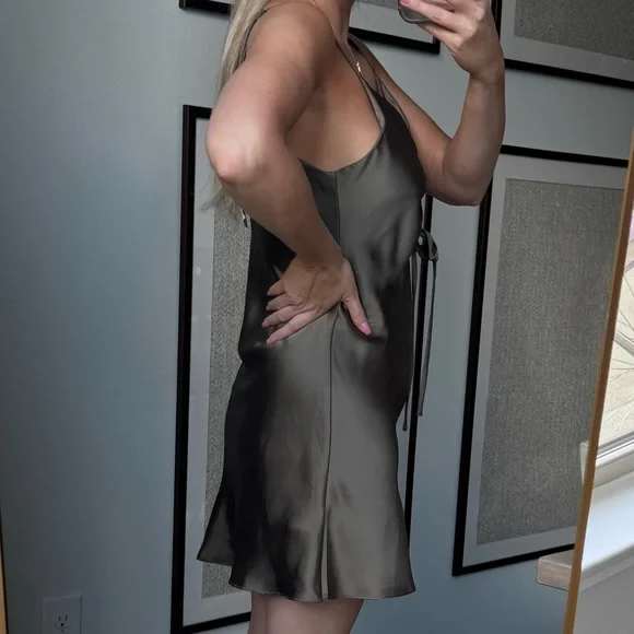 Sleek Satin Ruched Olive Green Midi Slip Flowy Dress - Picture 3 of 9